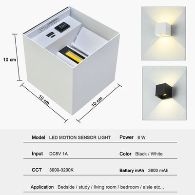 Modern LED Wall Lamp with Motion Sensor Switch - USB Rechargeable - Nordic Style Lighting Fixtures for Home - 6W Cubic Design