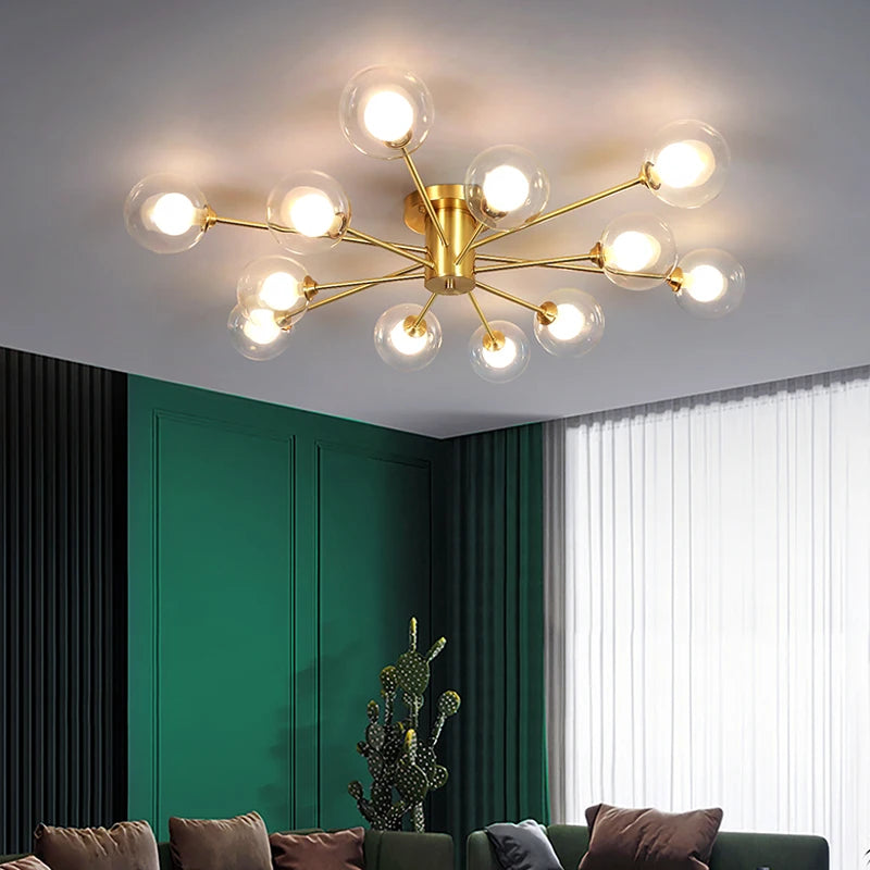 Modern LED Chandelier - Copper Gold Brass Design with Glass Ball Accents