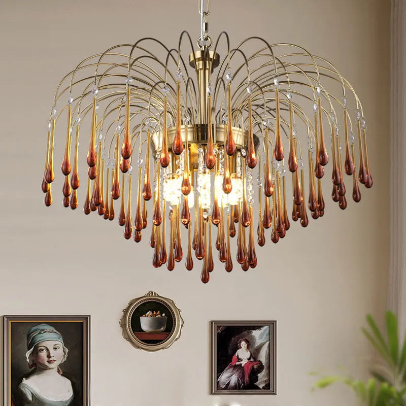 Retro Nordic Style Chandelier - Handmade Red Glass with Gold Accents