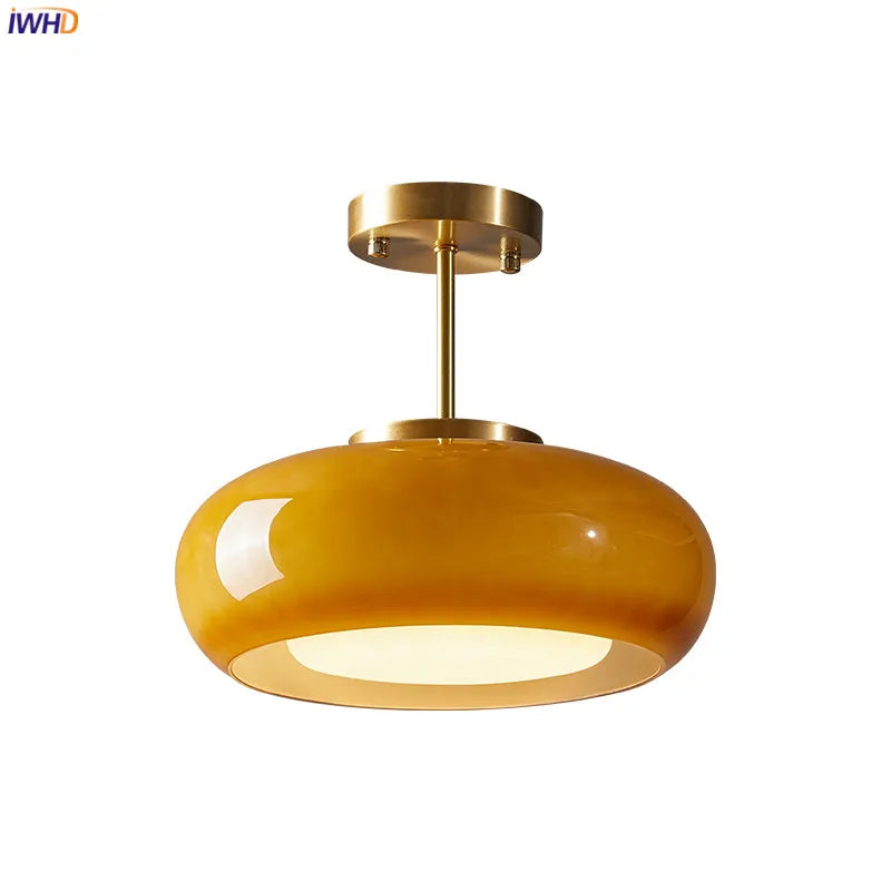 IWHD Yellow Glass LED Pendant Lights: Modern Hanging Fixtures for Bedroom and Living Spaces