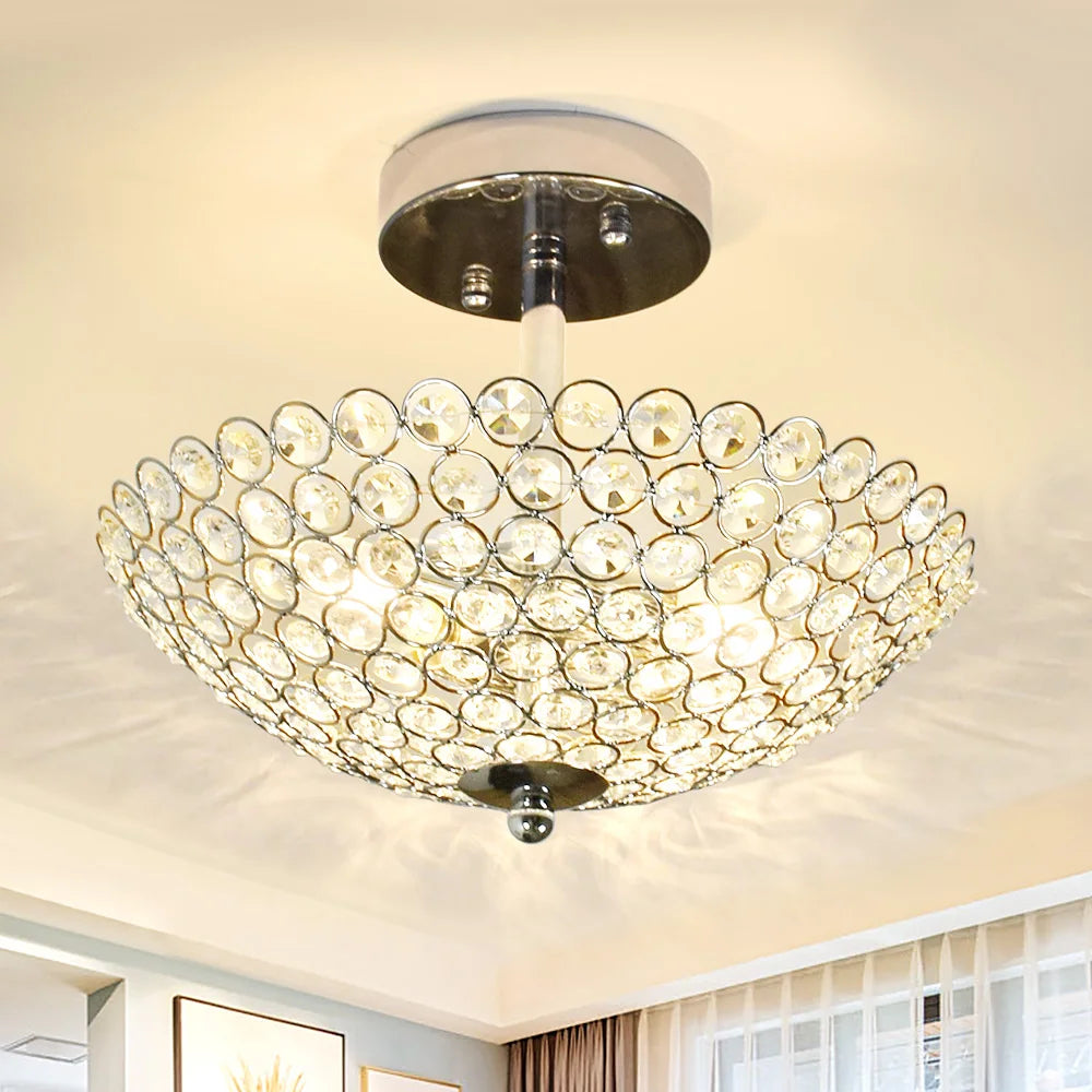 Depuley Luxury 2-Light Semi Flush Mount Mini Crystal Ceiling Light with Chrome Finish for Bedroom Hallway Balcony