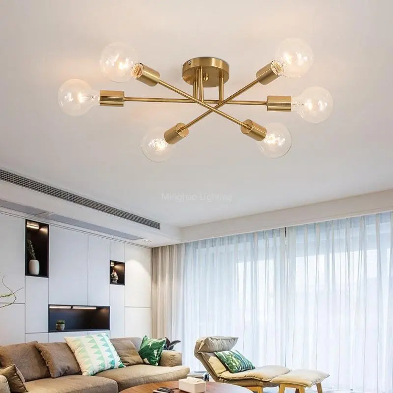 Modern Sputnik Chandelier - Nordic Semi Flush Mount Ceiling Lamp for Brushed Antique Gold Home Decor