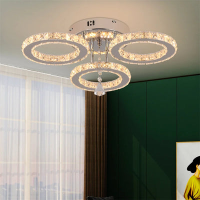 Modern Crystal Chandelier with App Dimmable Ceiling Light Fixture - Elegant Rings Shape Flush Mount for Bedroom Living Room