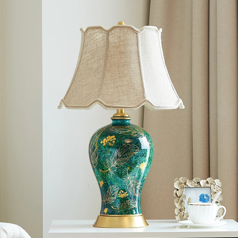 Green Ceramic Table Lamp Luxury for Living Room Bedroom - New Chinese Style Retro Domestic Bedside Lamp