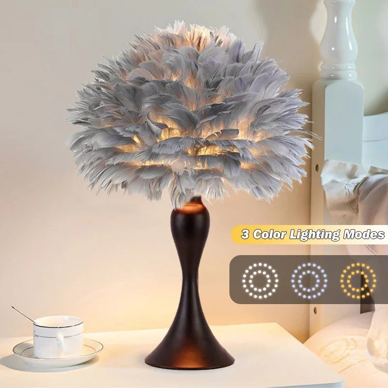 Modern Feather Bedroom Table Lamp - LED USB Bedside Night Light in White/Black