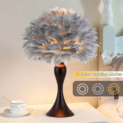 Modern Feather Bedroom Table Lamp - LED USB Bedside Night Light in White/Black