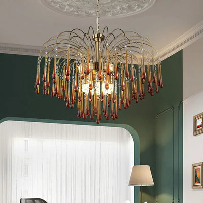 Retro Nordic Style Chandelier - Handmade Red Glass with Gold Accents