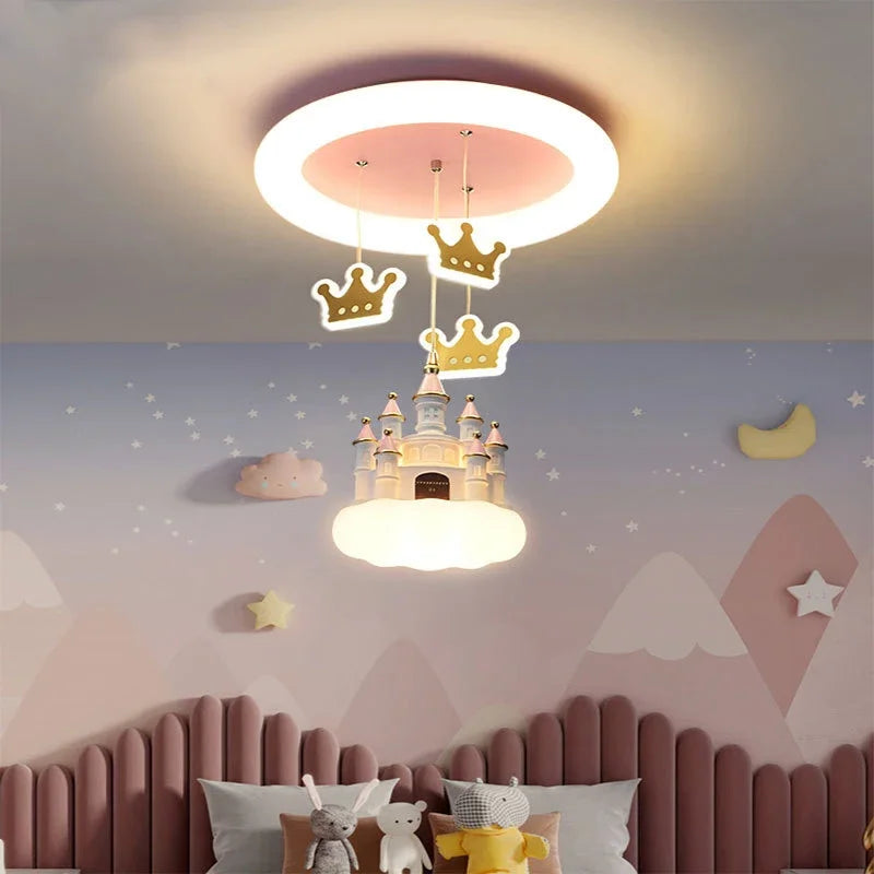 Enchanting Pink Fantasy Castle Crown LED Chandelier - Perfect for Children's Rooms