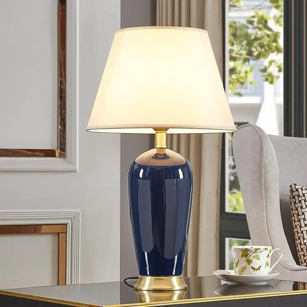 Elegant Dark Blue Ceramic Table Lamp - American Light Luxury Décor with Remote Control for Bedroom and Living Room