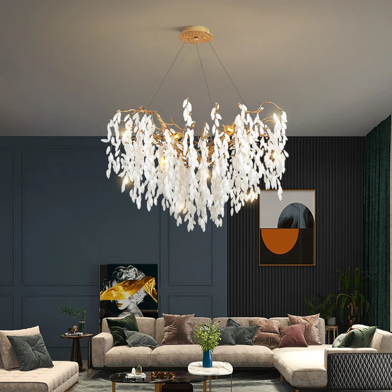 Modern Chandelier Dining Room Halloween Decoration Living Room Light Tree Branch White Jade Lampshade Ceiling Pendant Lamp