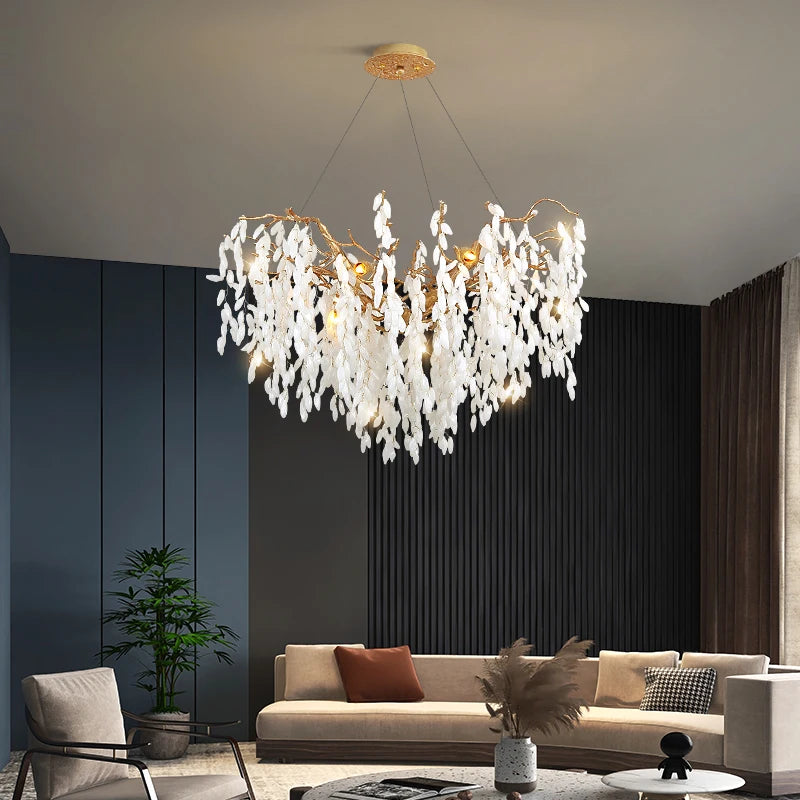 Modern Chandelier Dining Room Halloween Decoration Living Room Light Tree Branch White Jade Lampshade Ceiling Pendant Lamp