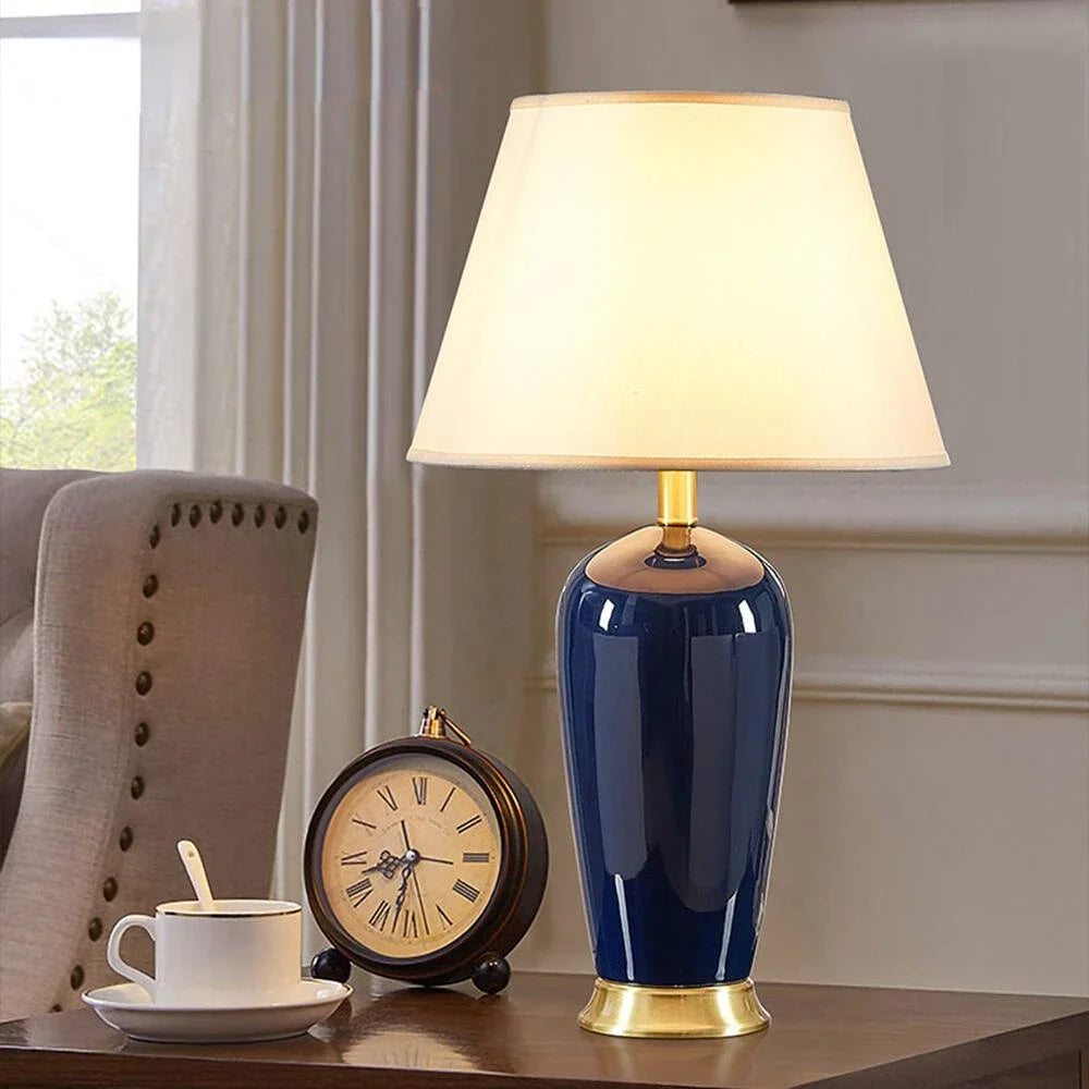 Elegant Dark Blue Ceramic Table Lamp - American Light Luxury Décor with Remote Control for Bedroom and Living Room