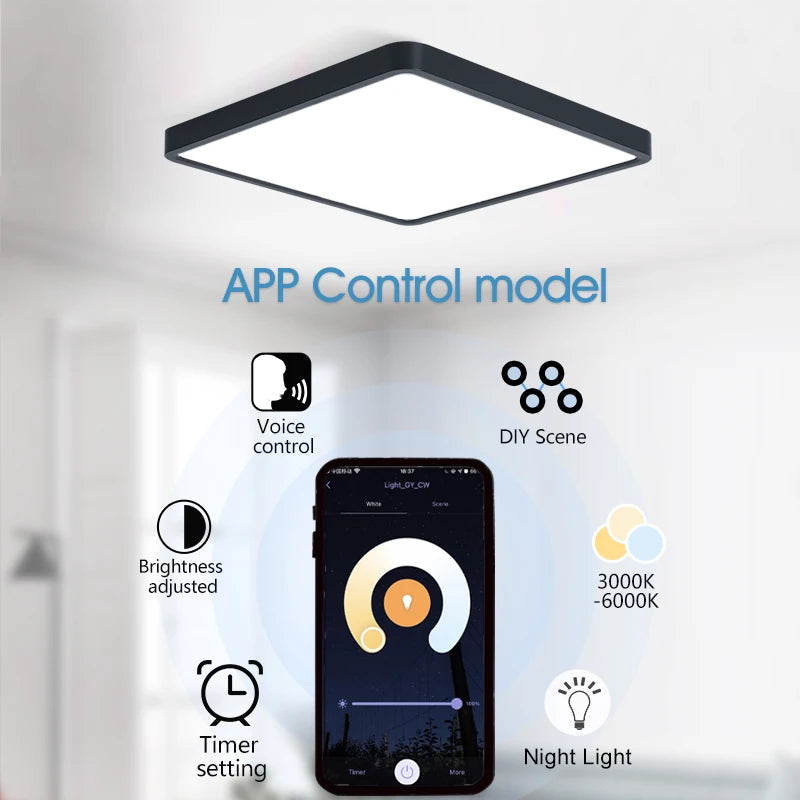 MARPOU Smart LED Ceiling Lamp - Wood Grain, App & Voice Control with Alexa/Google, Remote Control, Square Ceiling Light for Living Room