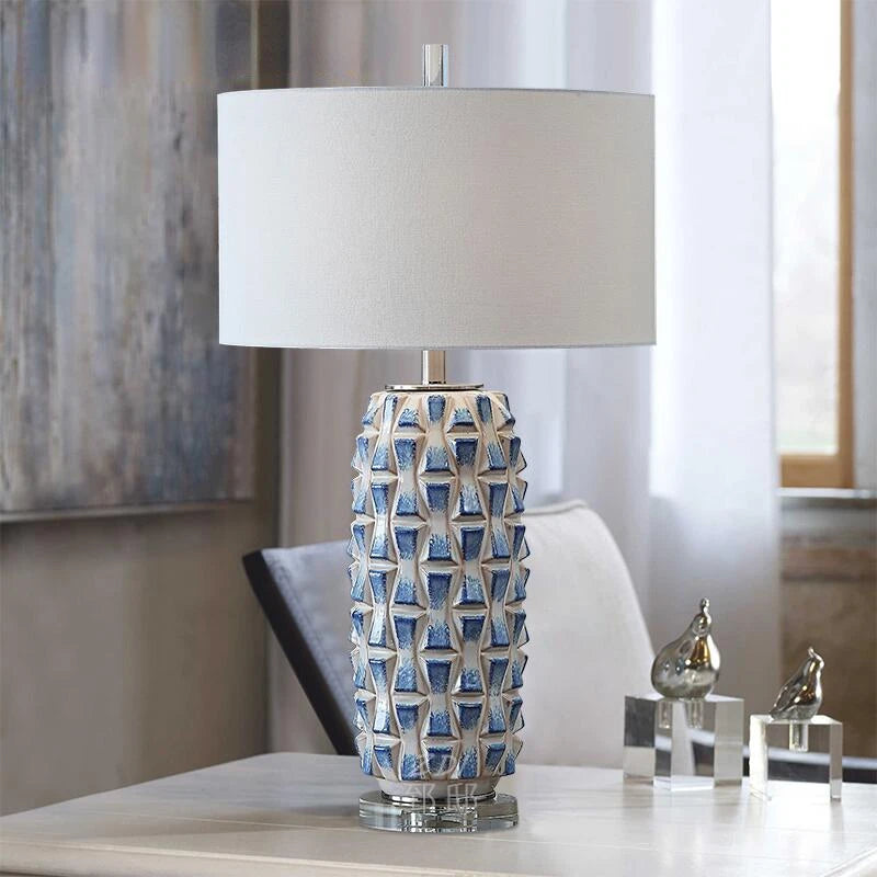 Elegant Blue Ceramic Table Lamp with Prismatic Crystal Ornaments - Modern Lighting for Living Room and Bedroom Décor