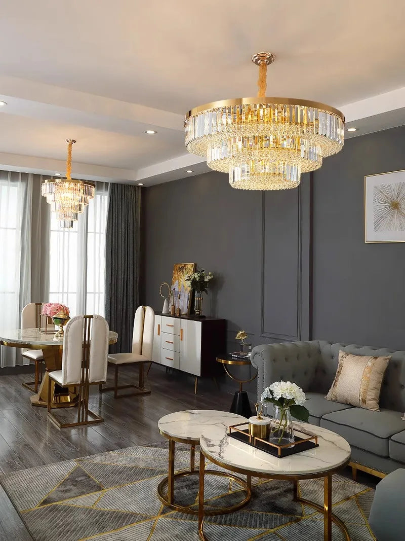 Modern Luxury Crystal Ceiling Chandelier - Elegant LED Gold Light Fixture for Large Living Rooms