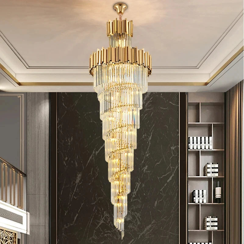 Luxury Stainless Steel Multi-layer Top Long Crystal Chandelier Lighting for Hotel Theater, Villa - Grand Living Room Lustres