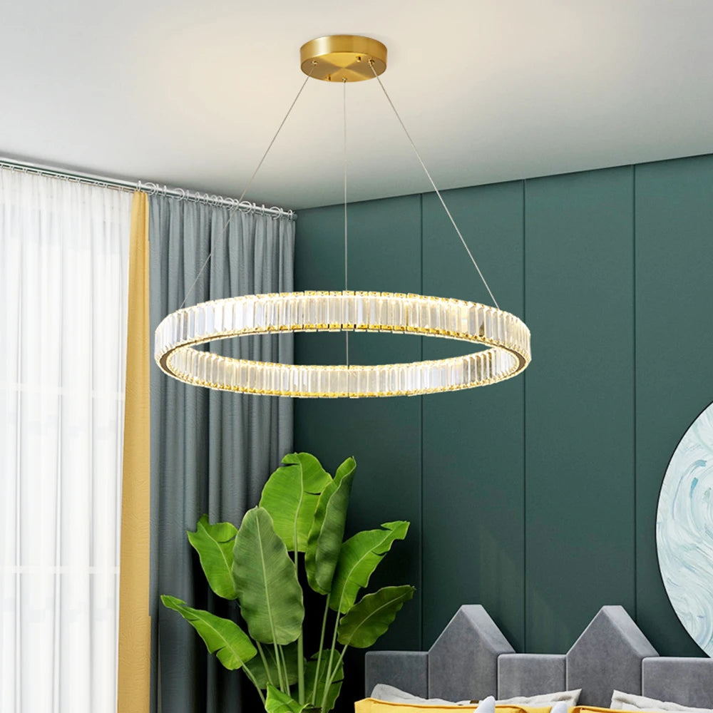 Modern Luxury Crystal LED Chandelier Lighting - Golden Ceiling Lamp Fixture for Dining Room, Living Room, Kitchen, and Bedroom