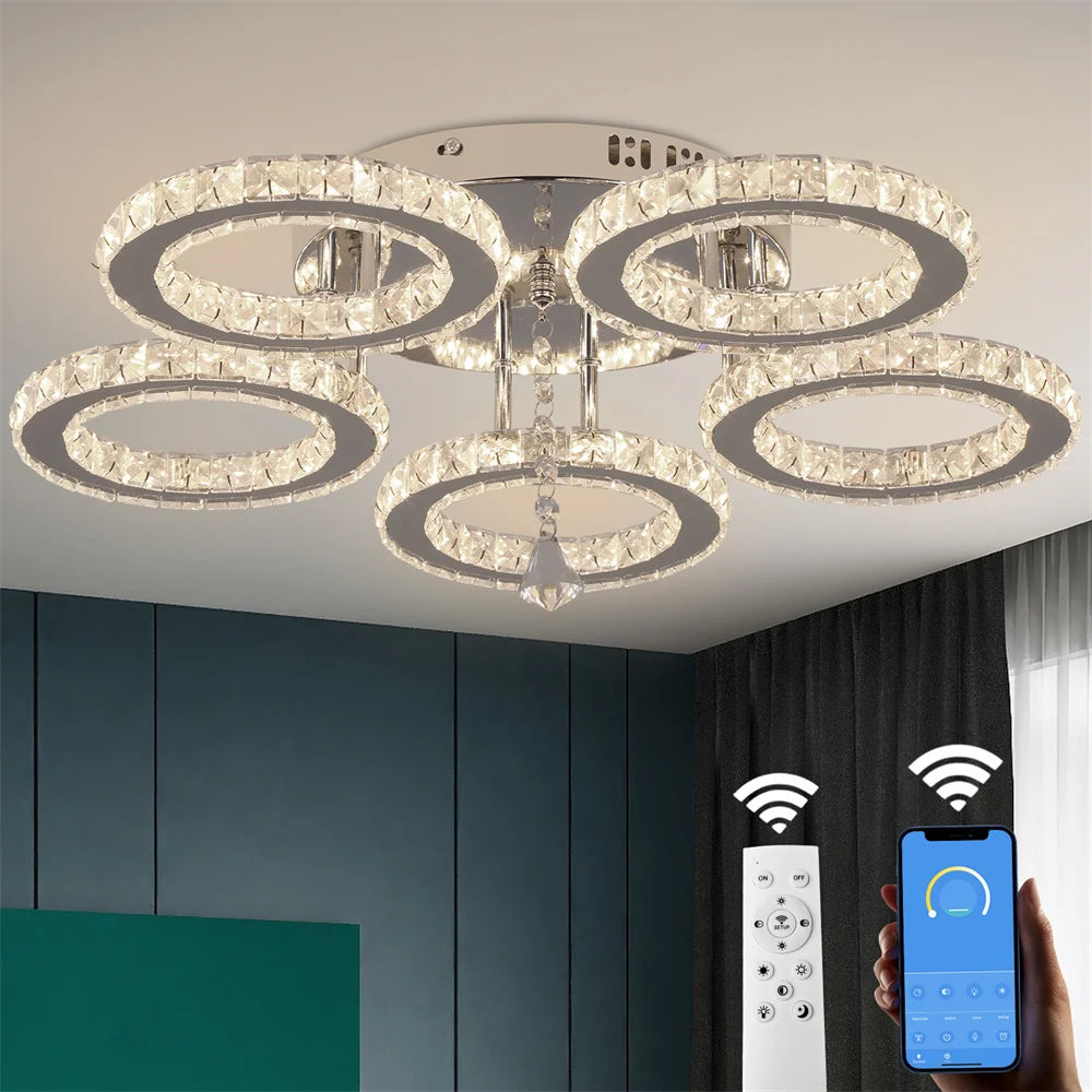 Modern Crystal Chandelier with App Dimmable Ceiling Light Fixture - Elegant Rings Shape Flush Mount for Bedroom Living Room