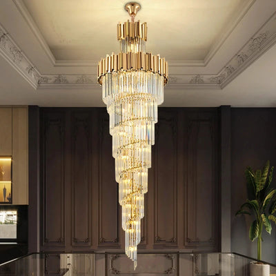 Luxury Stainless Steel Multi-layer Top Long Crystal Chandelier Lighting for Hotel Theater, Villa - Grand Living Room Lustres