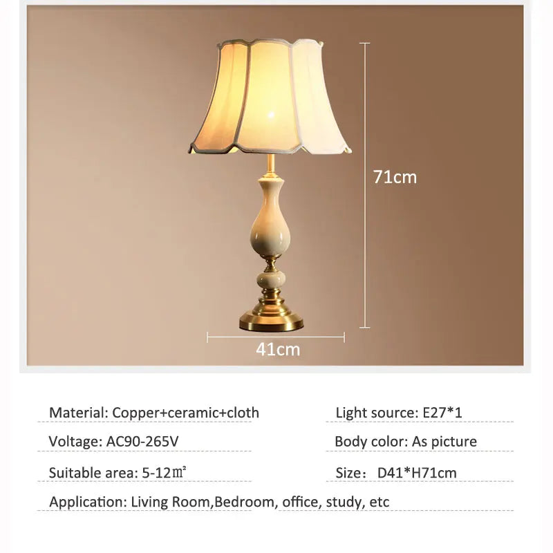 Light Luxury All-Copper Desk Lamp - Modern European Ceramic Decoration for Living Room, Bedroom, and Sofa Side