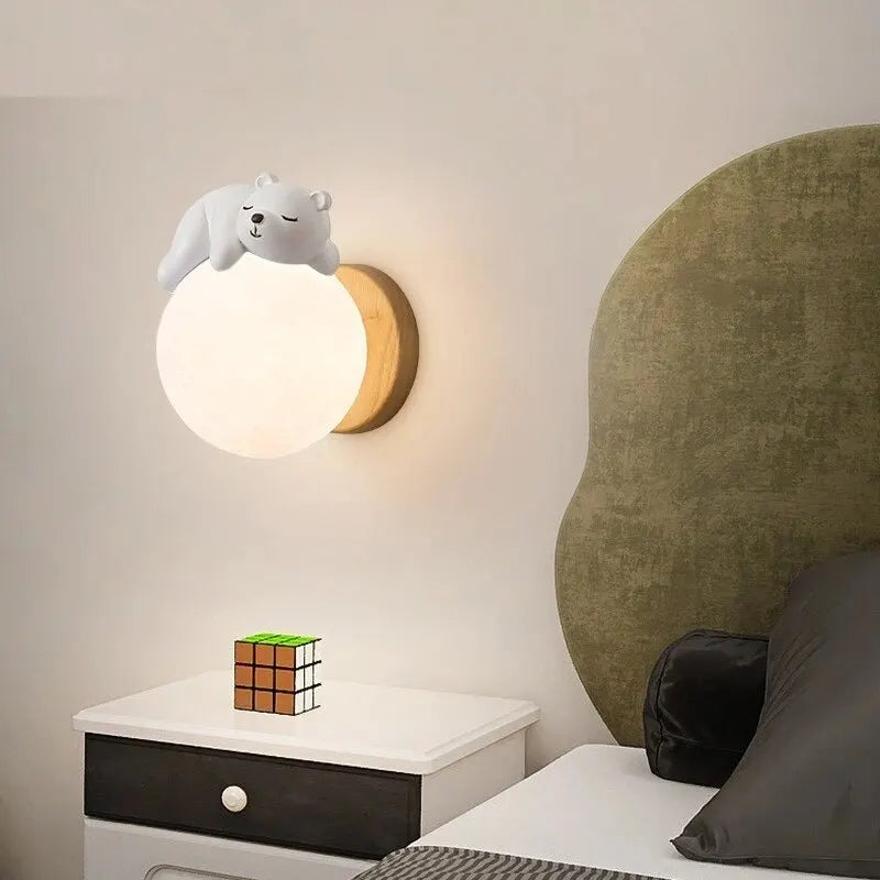 Modern Sleeping Bear Moon Wall Lamp for Boys and Girls Room