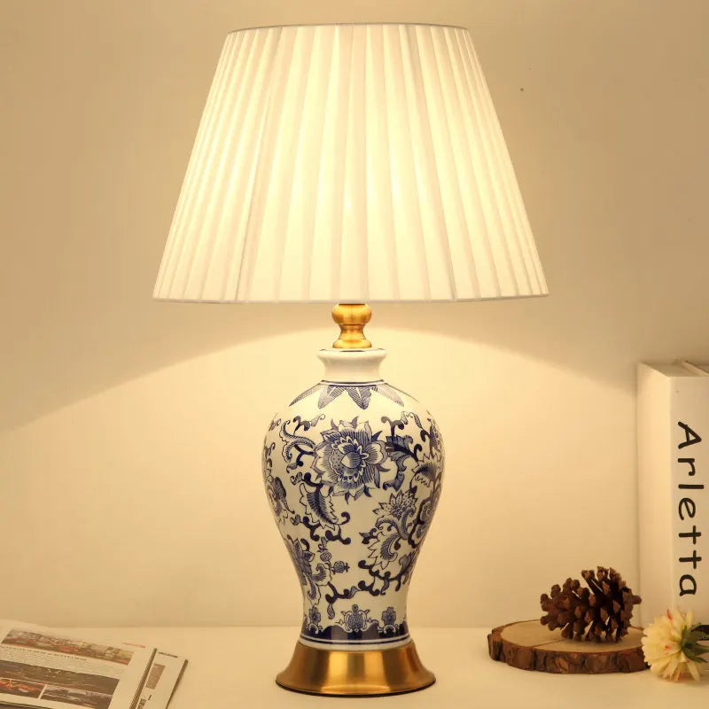 Blue and White Porcelain Table Lamp - Modern LED Desk Lamp for Living Room, Bedroom, Bedside, Study, and Hotel