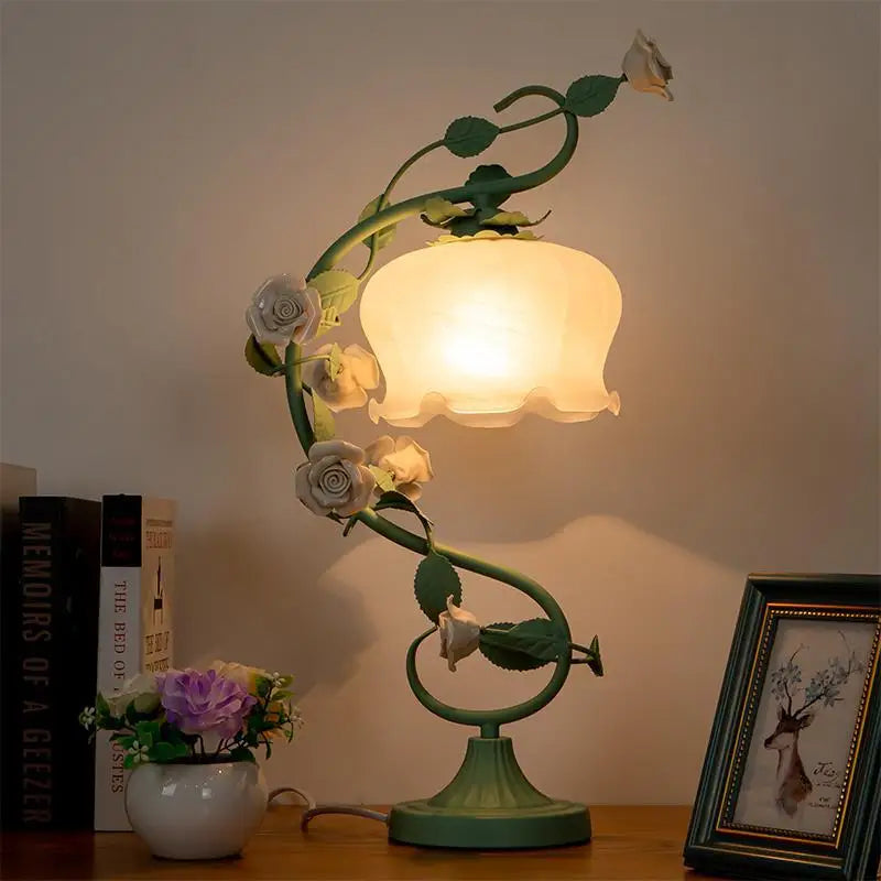 Idyllic Decoration Table Lamp – Princess Wedding Bedroom Warm Bedside Lamp with Art Rose Flower Design