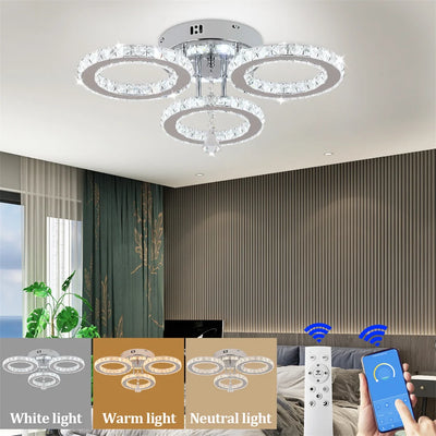 Modern Crystal Chandelier with App Dimmable Ceiling Light Fixture - Elegant Rings Shape Flush Mount for Bedroom Living Room