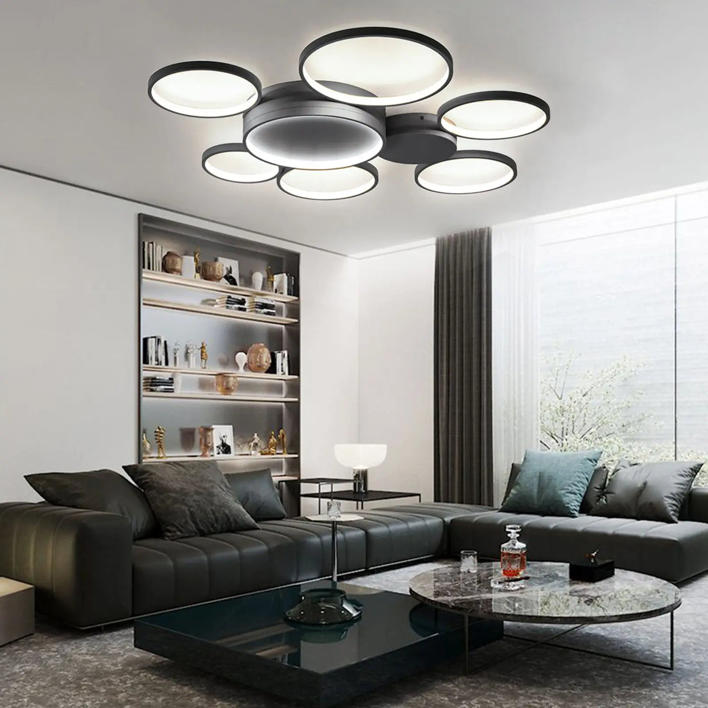 Modern Minimalist Flush Mount LED Ceiling Light - 7 Rings Design with Remote Control for Living Room, Bedroom