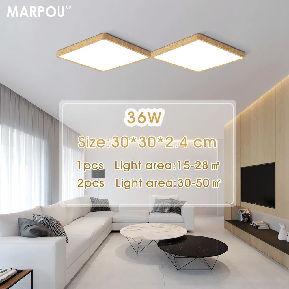 MARPOU Smart LED Ceiling Lamp - Wood Grain, App & Voice Control with Alexa/Google, Remote Control, Square Ceiling Light for Living Room