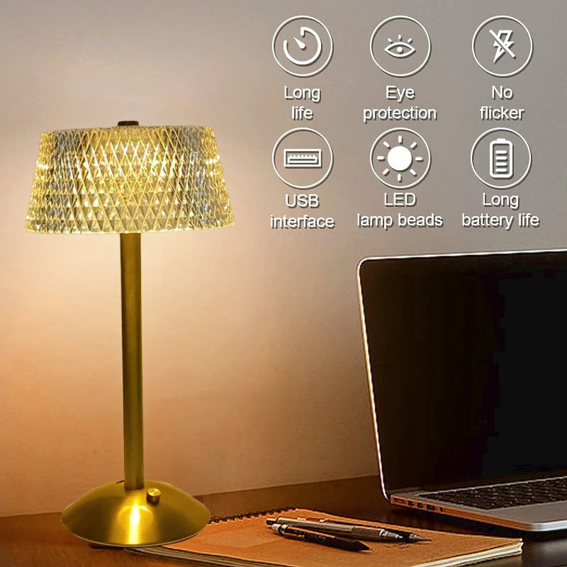 Radiant Crystal Diamond Retro LED Desk Lamp - USB Rechargeable