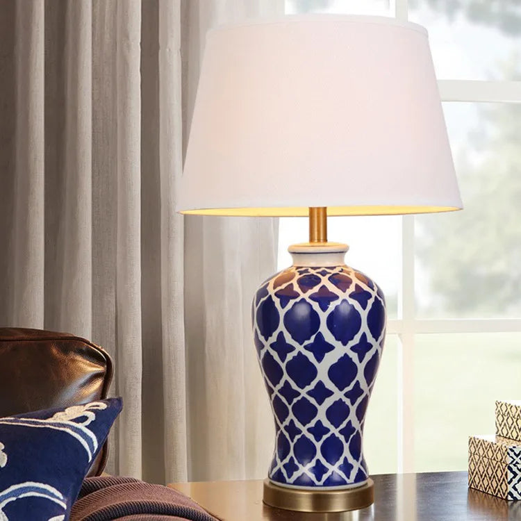 American Modern Hand Painted Blue and White Ceramic Table Lamp - Living Room Decorative Table Lamp - Bedroom Bedside Lamp