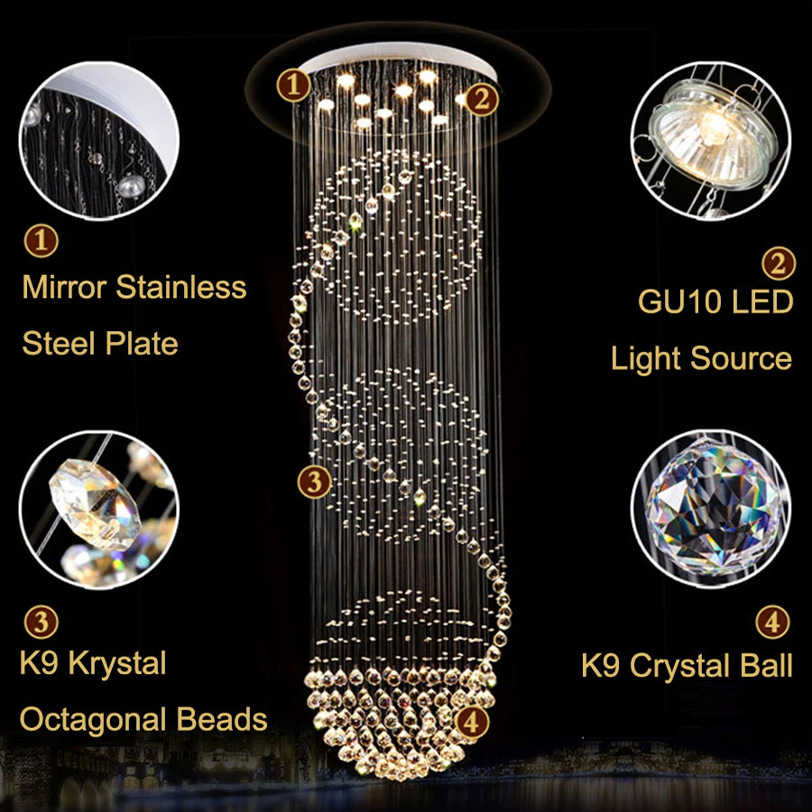 Modern LED Spiral Ball Raindrop Crystal Chandelier - Illuminate Your Space with Spectacular Elegance