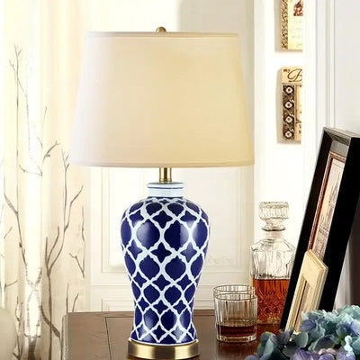 Elegant Classical Blue Ceramic Lamp - Traditional Blue and White Porcelain Desk Lamp for Bedroom, Living Room, and Study