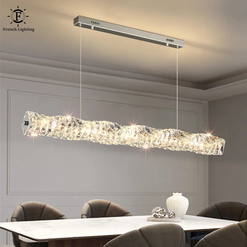 Luxurious Crystal Pendant Light - Modern Gold Chrome Metal Dining Room Strip Lamp for Kitchen