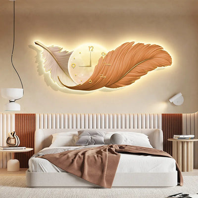 Elegant LED Wall Lamp with Feather Design and Integrated Clock for Modern Home Decor