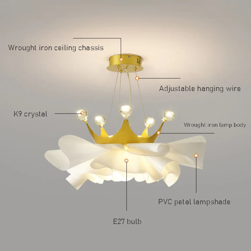 Modern Minimalist Gold Crown Crystal Chandelier - Elegant Lighting for Bedroom and Princess-themed Decor