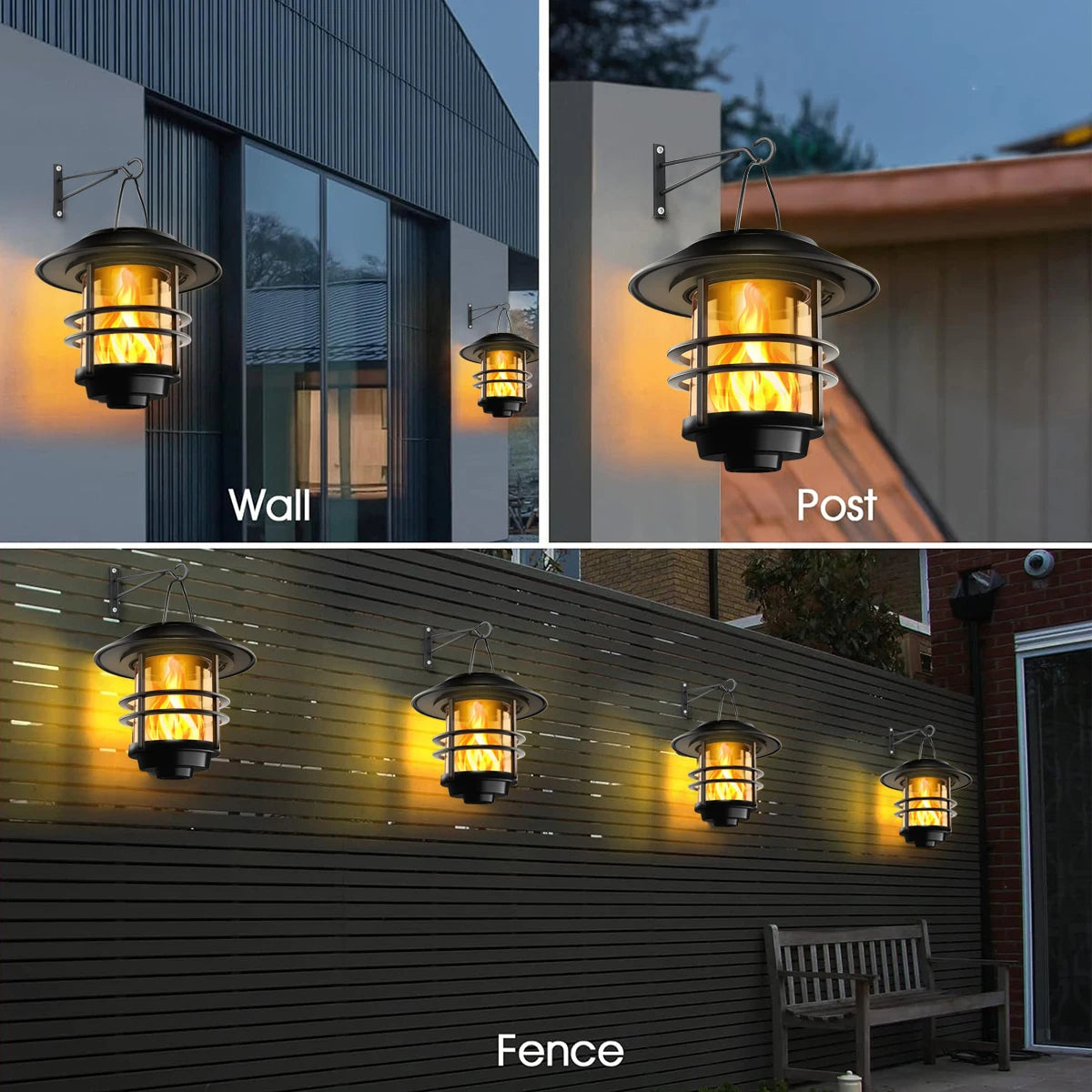 2-Pack Solar Wall Lanterns with Flickering Flame Effect for Outdoor Use