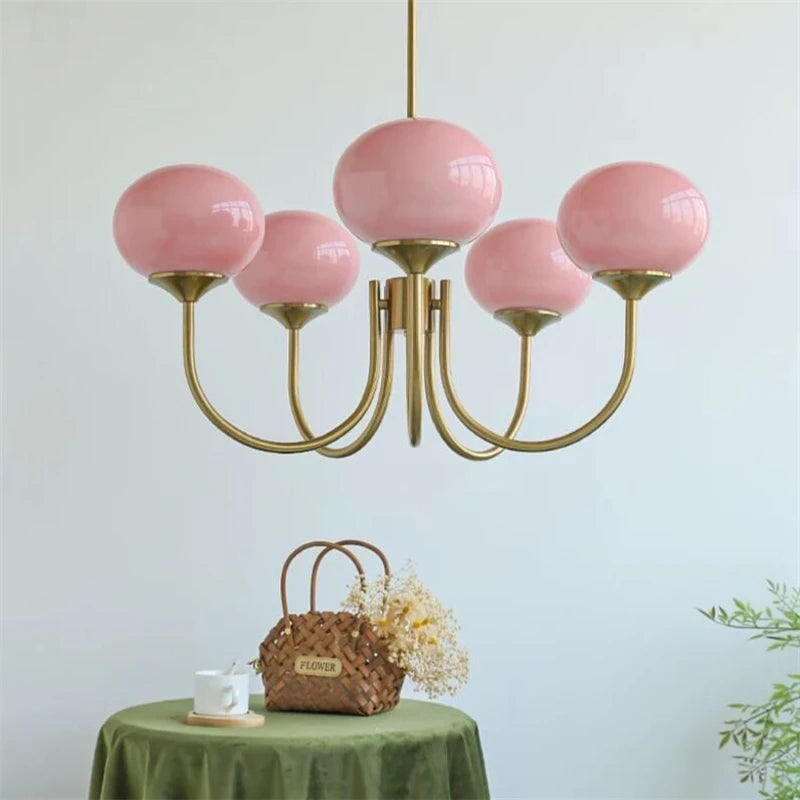 Modern Pink and White Glass Ball Pendant Chandelier