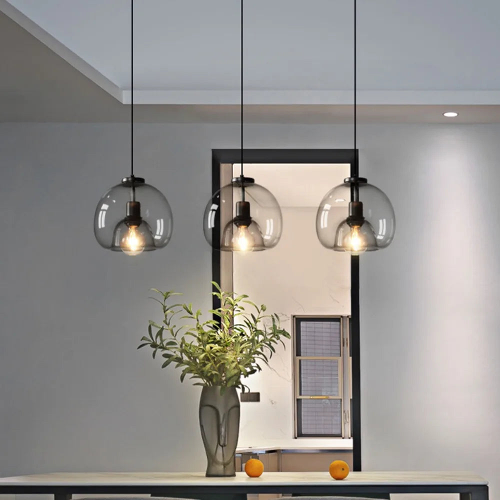 Nordic LED Smoke Gray Glass Pendant Light - Art Deco Chandelier for Versatile Room Illumination