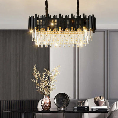 Modern Crystal Chandelier Black for Living Room Bedroom LED Pendant Light Oval Long Dining Room Hotel Hall Decor Hanging Lamp