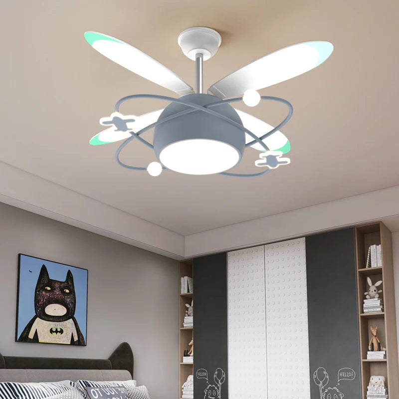 Kid's Bedroom Ceiling Fan Lamp – Cartoon LED Chandelier Light for Girls and Boys