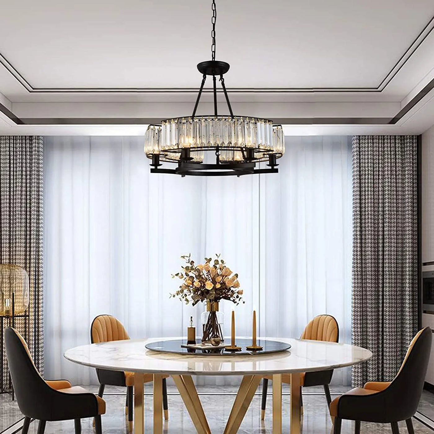 Luxury Round Black Frame Chandelier with K9 Crystal Pendant Light