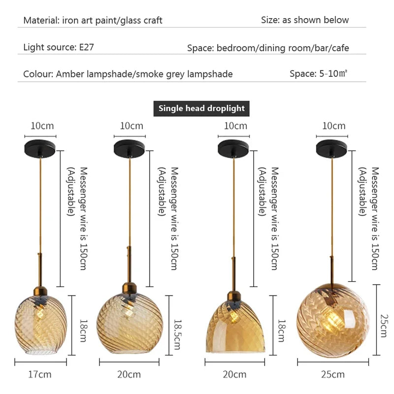 Modern Amber Smoky Grey Glass Chandelier LED Pendant Lights