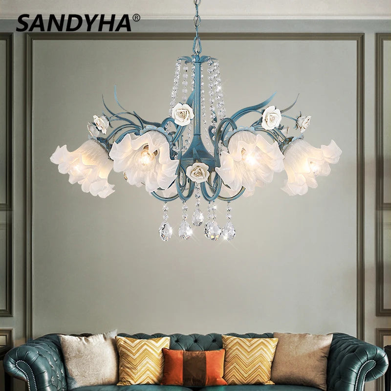 SANDYHA Modern Pendant Lights French Pastoral Flowers Glass Crystal Chandelier Living Dining Room Home Decor Lustre Design Luxe