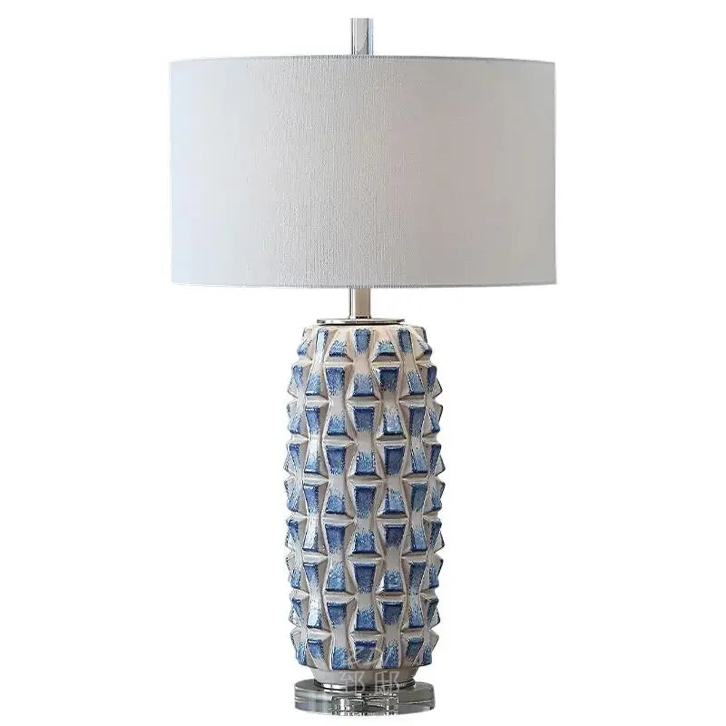 Elegant Blue Ceramic Table Lamp with Prismatic Crystal Ornaments - Modern Lighting for Living Room and Bedroom Décor