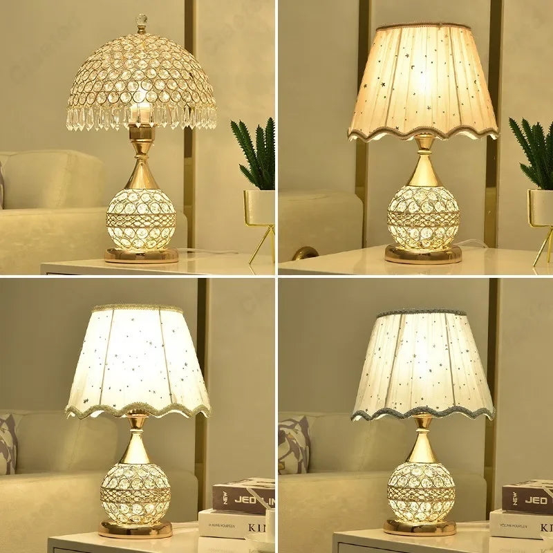 Luxury European Style LED Table Lamp with Fabric Lampshade & Crystal Base – Warm Romantic Bedroom Bedside Light