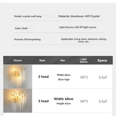 Nordic Branch Crystal Wall Lamp For Living Room Bedroom Kitchen Stairs Corridor Luxury Gold Bedside K9 Crystal Wall Light Lamps