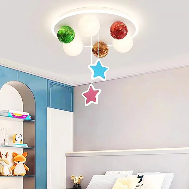 Colorful Glass Chandelier with Hanging Star Bubble Ball - Modern Ceiling Lamp for Kids' Bedroom