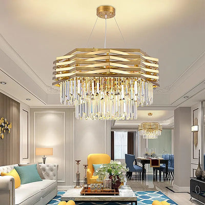 Luxury Crystal Chandelier - Gold LED Pendant Light with E14 Lamp Base for Living Room Dining Room Kitchen Bedroom